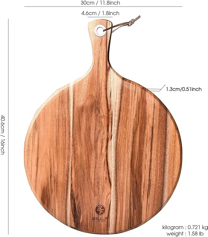 BILL.F Acacia Wood Pizza Peel,12” Cutting Board, Cheese Paddle Board, Bread and Crackers Platter for Serving and Minor Food Prepare with Handle - 16 x 12 x 0.5 Inch