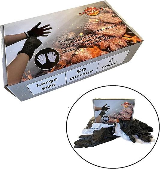 LavaLock Disposable Nitrile BBQ Gloves with Cotton Liners for Outdoor Cooking Grilling Smokers and Barbecue Competition, Chef or Kitchen use (Large 50 Count Black)