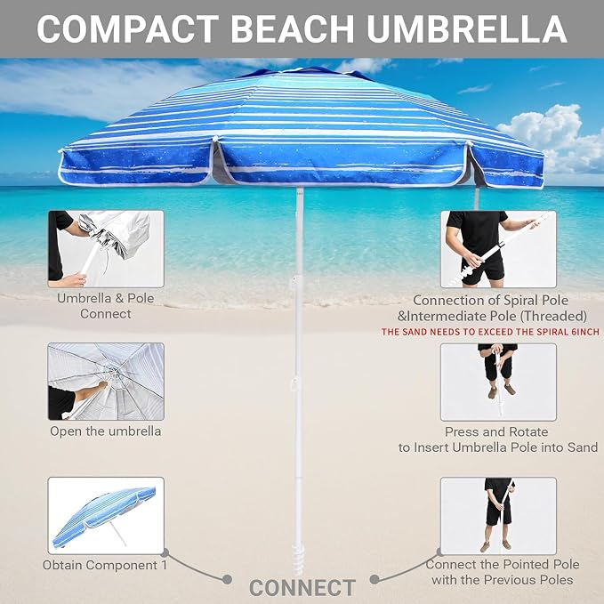 LOTTAFUN 6ft Beach Umbrella - Heavy Duty Wind Resistant UV 50+ Portable Sun Shade with Sand Anchor & Carry Bag, Outdoor Folding Umbrella for Beach, Pool, Patio, Garden (Blue Stripe) No Tilt The sand needs to exceed the spiral 6inch