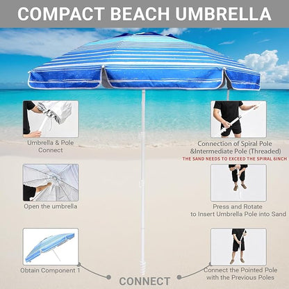 LOTTAFUN 6ft Beach Umbrella - Heavy Duty Wind Resistant UV 50+ Portable Sun Shade with Sand Anchor & Carry Bag, Outdoor Folding Umbrella for Beach, Pool, Patio, Garden (Blue Stripe) No Tilt The sand needs to exceed the spiral 6inch