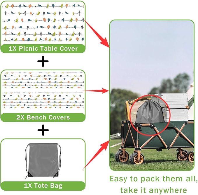 JAWO Camper RV Picnic Table Cover with Bench Covers, Colorful Birds RV Essentials Gear Supplies Outdoor Waterproof Windproof Tablecloth with Elastic, 30X96in