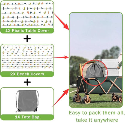 JAWO Camper RV Picnic Table Cover with Bench Covers, Colorful Birds RV Essentials Gear Supplies Outdoor Waterproof Windproof Tablecloth with Elastic, 30X72in