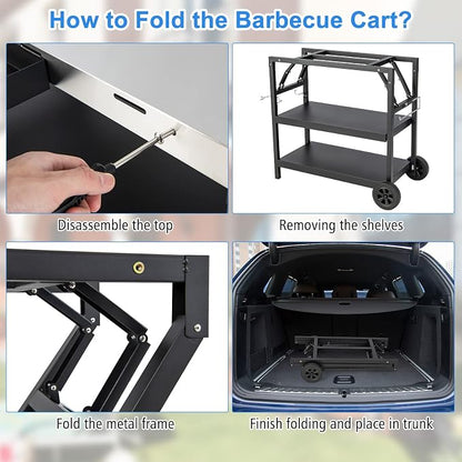 PETSITE Outdoor Grill Cart, Foldable BBQ Pizza Oven Stand, Movable Food Prep Table with Stainless Steel Tabletop & Wheels, Portable Griddle Dining Kitchen Island Cart Station for Bar Patio Outside
