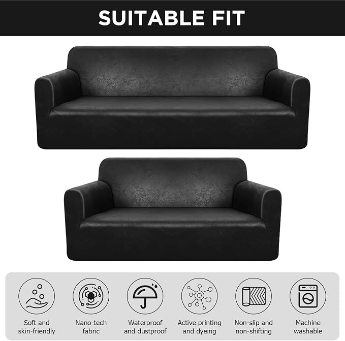 Peryiter 2 Pcs Couch and Loveseat Sofa Covers,Black Brown,Tech | Armchair Covers for Living Room, Sofa Cushion Slipcover 2/3 Seater, Furniture Protector, Polyester and Spandex, Washable