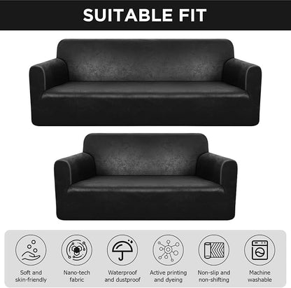 Peryiter 2 Pcs Couch and Loveseat Sofa Covers,Black Brown,Tech | Armchair Covers for Living Room, Sofa Cushion Slipcover 2/3 Seater, Furniture Protector, Polyester and Spandex, Washable