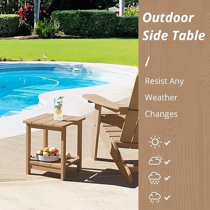 LUE BONA Outdoor Side Table, 2-Tier HDPS Small Patio Table, Brown | 2-Tier Shelf for Extra Storage, Small End Table for Pool, Porch, Balcony, Weather Resistant HDPS, Easy Clean