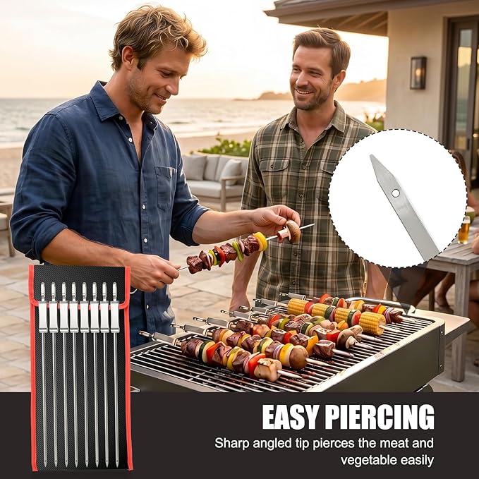 16.5" Skewers for Grilling with Push Bar, Flat Metal Kabob Skewers, Reusable Stainless Steel BBQ Skewers, Heavy Duty Shish Kebab Skewers for Outdoor Camping Grill Kitchen Cooking