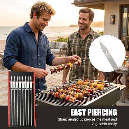 16.5" Skewers for Grilling with Push Bar, Flat Metal Kabob Skewers, Reusable Stainless Steel BBQ Skewers, Heavy Duty Shish Kebab Skewers for Outdoor Camping Grill Kitchen Cooking