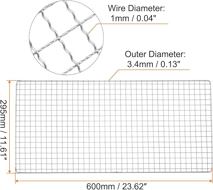 HARFINGTON Square BBQ Grill Net 29.5x60cm Stainless Steel Cross Wire Barbecue Mesh Mat for Baking Smoking Charcoal Grilling Roasting