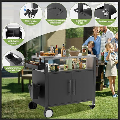 NicBex Outdoor Grill Cart with Storage Cabinet, Rolling Bar Cart with Doors & Wheels, BBQ Prep Table with Spice Rack, Patio Bar Storage Cart with Casters, Black