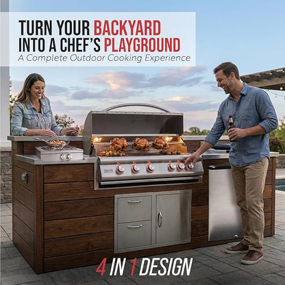 BLAZE BBQ Outdoor Package of 40” LTE Built-in Gas Grill, LTE Built-In Double Side Burner, 32” Door & Two Drawers Combo, 20” Refrigerator and Accessories (Grill Cover, Fridge Trim, and Rotisserie Kit)