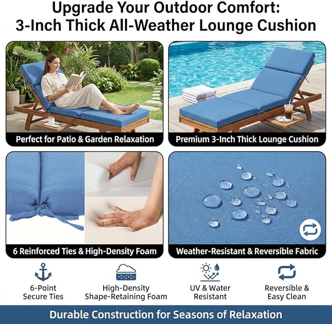 3" Solid Outdoor Lounge Chair Cushion, 74 x 22.5 inch Weather Resistant Chaise Lounge Cushion with 6 Ties for Patio Pool Furniture