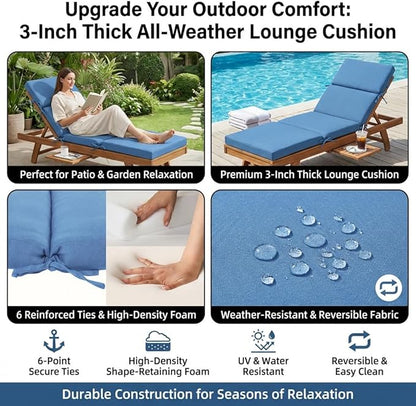 3" Solid Outdoor Lounge Chair Cushion, 74 x 22.5 inch Weather Resistant Chaise Lounge Cushion with 6 Ties for Patio Pool Furniture