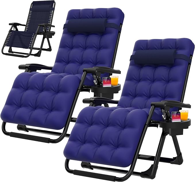Suteck Zero Gravity Chairs Set of 2, Reclining Camping Chair with Cushion | Anti Gravity Recliner Lounge Chair with Aluminum Alloy Lock & Cup Holder, 90-170° Adjustable, for Lawn Patio Indoor