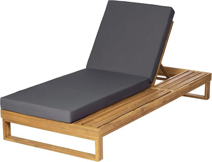 Merax 2 Piece Teak Finish Acacia Wood Chaise Lounge with 4-Inch Dark Grey 2-Fold Cushion Set, 4-Position Adjustable Outdoor Patio Lounger with Flat Side Surface, for Poolside