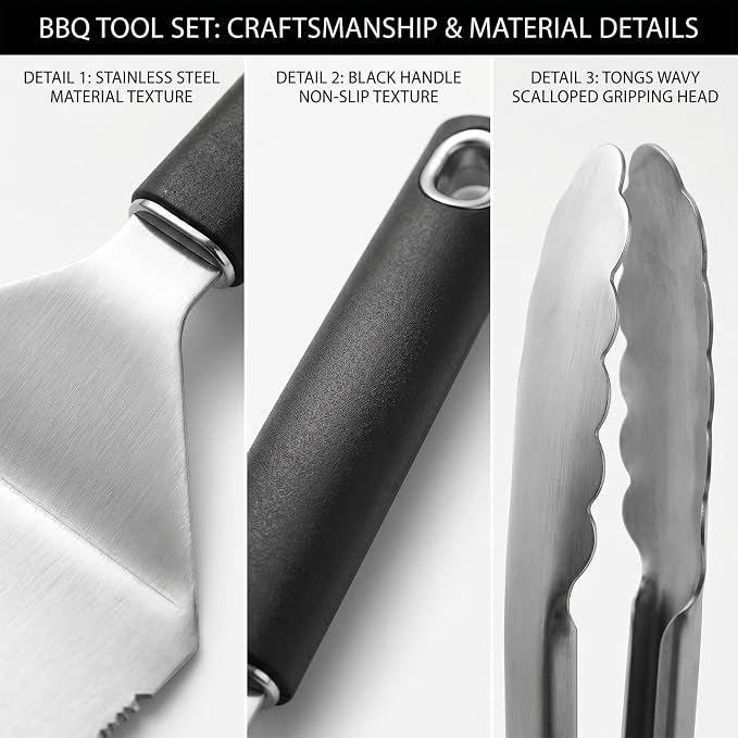 5PCS BBQ Tools Set, Heavy Duty Stainless Steel Grill Accessories with Spatula, Fork, Tongs & 2 Basting Brushes, Barbecue Utensils Kit with Carry Bag, Outdoor Grill Gifts for Dad Husband
