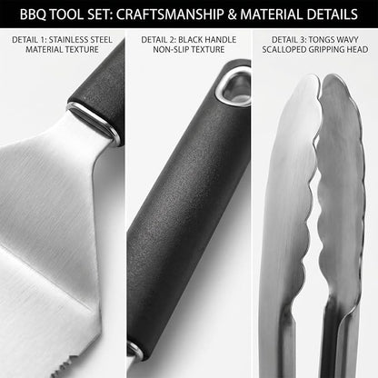 5PCS BBQ Tools Set, Heavy Duty Stainless Steel Grill Accessories with Spatula, Fork, Tongs & 2 Basting Brushes, Barbecue Utensils Kit with Carry Bag, Outdoor Grill Gifts for Dad Husband