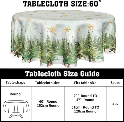 Sweetshow Winter Gold Snowflake Table Cloth Round Green Christmas Tree Tablecloth 70 Inch Winter Decor Washable Stain and Wrinkle Resistant Round Table Cover for Dining Party Picnic