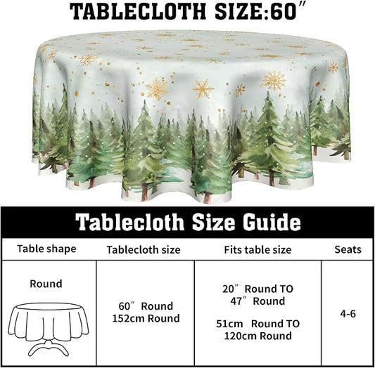 Sweetshow Winter Gold Snowflake Table Cloth Round Green Christmas Tree Tablecloth 70 Inch Winter Decor Washable Stain and Wrinkle Resistant Round Table Cover for Dining Party Picnic