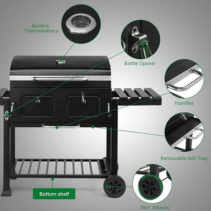 Large Charcoal BBQ Grill, Portable 2 in 1 Barbecue with Spacious Cooking Area, Foldable Side Tables & Wheels, Outdoor Garden Barbecue Smoker for Camping Backyard Patio Party Picnic