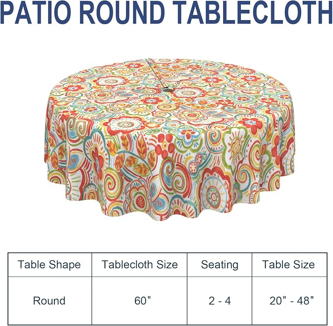 Outdoor/Indoor Round Tablecloth with Umbrella Hole Zipper, Decorative Circular Table Cover for Home Garden, 60 Inch, Flower Multi