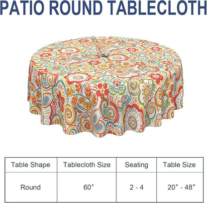 Outdoor/Indoor Round Tablecloth with Umbrella Hole Zipper, Decorative Circular Table Cover for Home Garden, 60 Inch, Flower Multi