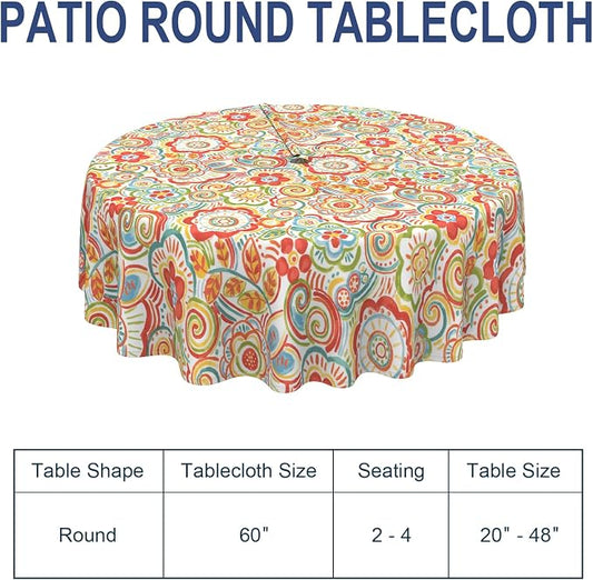 Outdoor/Indoor Round Tablecloth with Umbrella Hole Zipper, Decorative Circular Table Cover for Home Garden, 60 Inch, Flower Multi