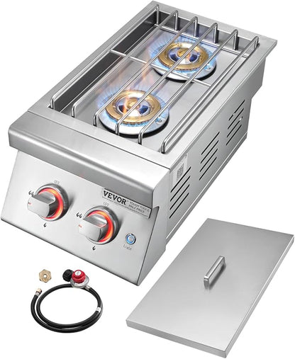 VEVOR Double Grilling Side Burners, 2 x 17,000BTU Liquid Propane Side Burner for Outdoor Kitchen, Convertible to Natural Gas, 304 Stainless Steel Built-in Double Burners with LED for BBQ Grill Island