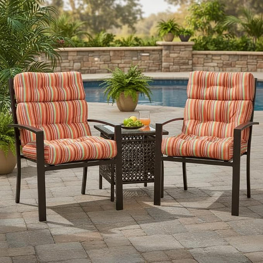 Outdoor Tufted High-Back Chair Cushions, One-Piece Hinged Seat and Back Design, Reversible with 4 Ties, Durable Polyester Fabric, Recycled Fiber Fill - Set of 2, Watermelon Stripe
