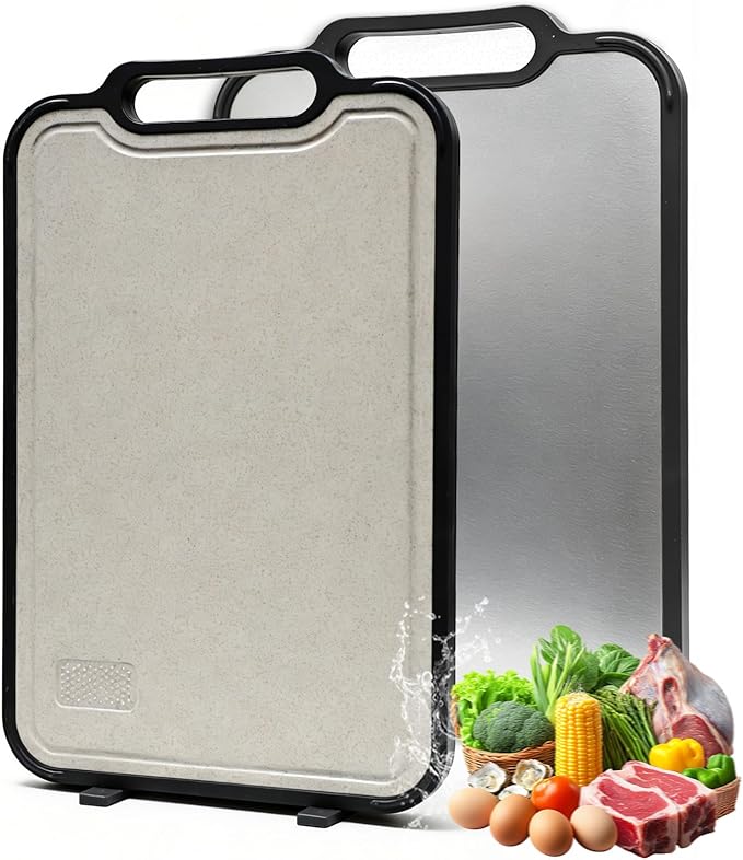 Titanium Cutting Board for Kitchen, Double Sided Titanium Cutting Board with Juice Groove, Metal Chopping Board for Kitchen, Titanium & Wheat Straw PP, Dishwasher Safe, 16”×10”