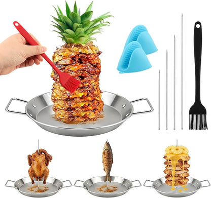 Al Pastor Skewer for Grill, 13 Inch Stainless Steel Vertical Shawarma Skewer with Gyro Pan, Brazilian Spit Stand with 5 Spikes, 2 Brushes & Gloves for Tacos Al Pastor, Kebabs, Smoker & Oven