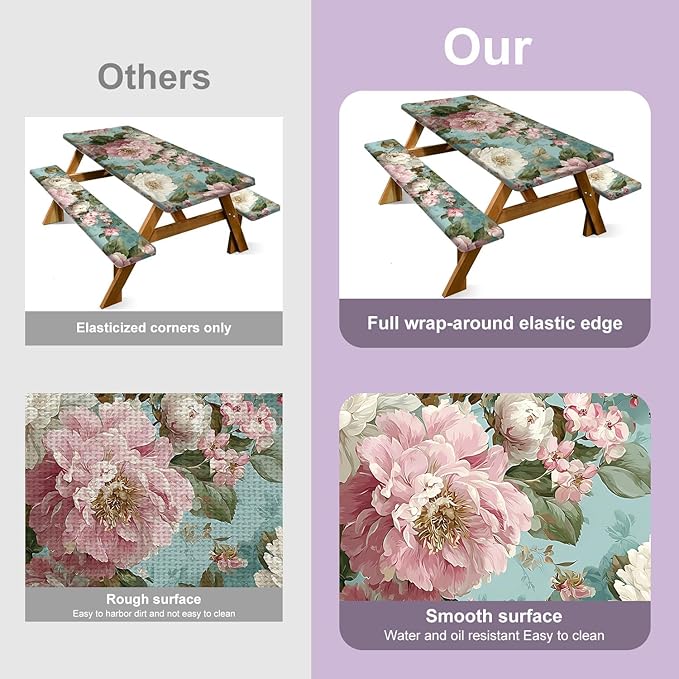 Floral Picnic Tablecloth with Table Cover, Waterproof Elastic Tablecloth for Outdoor Picnic Table, Retro Peony Design, Fits 72in Tables