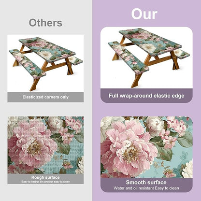 Floral Picnic Tablecloth with Table Cover, Waterproof Elastic Tablecloth for Outdoor Picnic Table, Retro Peony Design, Fits 72in Tables