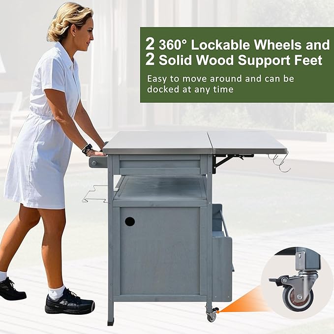 40.5" Outdoor Grill Cart with Stainless Steel Top, Solid Wood Storage Cabinet with Drop Leaf, One Drawer, Towel Rack, Rolling Kitchen Cart with Lockable Wheels for Lawn Garden