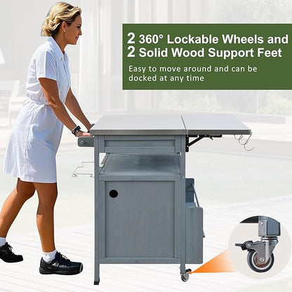 40.5" Outdoor Grill Cart with Stainless Steel Top, Solid Wood Storage Cabinet with Drop Leaf, One Drawer, Towel Rack, Rolling Kitchen Cart with Lockable Wheels for Lawn Garden