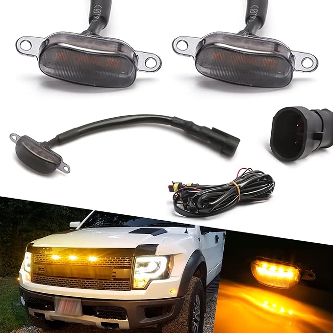 x xotic tech 3pcs Smoked Lens Front Grille Marker LED Light Lamps w/Harness Wiring OE Fit Compatible with Ford F-150 F150 Raptor 2010-2014 & 2017-up(Amber 12-SMD)