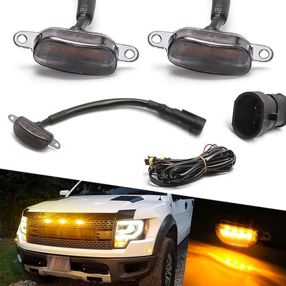 x xotic tech 3pcs Smoked Lens Front Grille Marker LED Light Lamps w/Harness Wiring OE Fit Compatible with Ford F-150 F150 Raptor 2010-2014 & 2017-up(Amber 12-SMD)