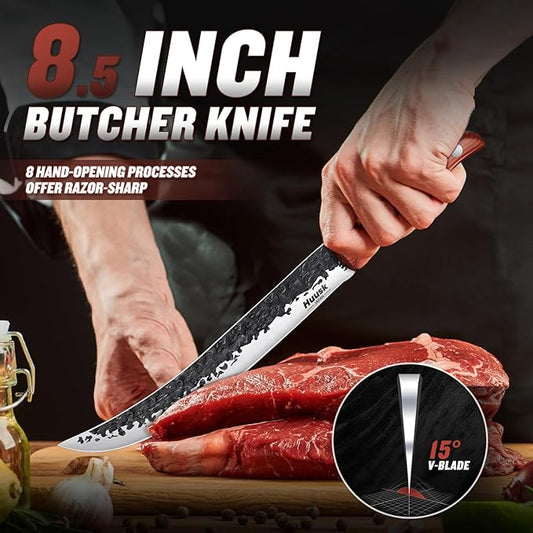 Huusk Breaking Knife for Meat Cutting, Hand Forged Butcher Knife with Sheath, Ergonomic Wooden Handle Japanese Cimeter for BBQ 8 Inch Gift for Dad