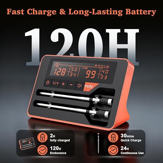 Bluetooth Wireless Meat Thermometer Digital for BBQ Oven Smoker Grill | 800FT Bluetooth Food Thermometer, Standalone Base, 2 Meat Probes, Dual Sensors, NIST Certified Accuracy
