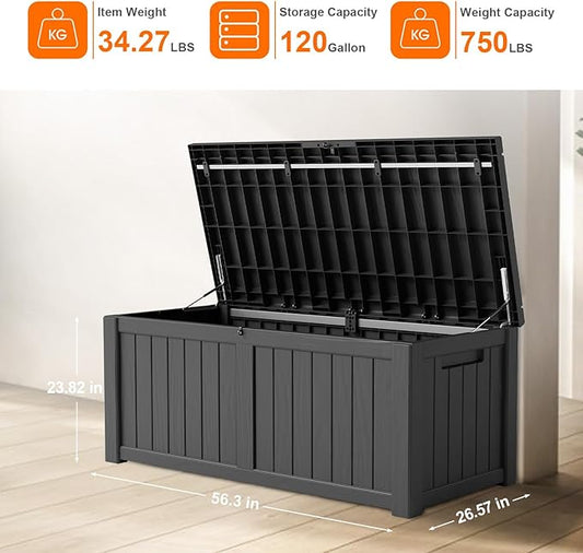 150 GallonOutdoor Storage Box,Resin Deck Boxes Waterproof, IndoorOutdoor Bin for Package Delivery, Patio Cushions, Gardening Tools, Lockable, UV Resistant