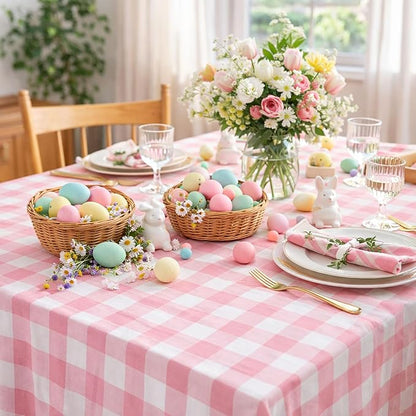 B-COOL Pink Plaid Tablecloth Checkered Fabric Cover 56x120 Inch Table Cloths, Valentines Party Picnic Decorative Gingham Tablecloths, Sturdy Rectangle Pink and White Checkered Cover Decorations