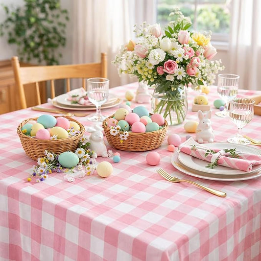 B-COOL Pink Plaid Tablecloth Checkered Fabric Cover 56x120 Inch Table Cloths, Valentines Party Picnic Decorative Gingham Tablecloths, Sturdy Rectangle Pink and White Checkered Cover Decorations