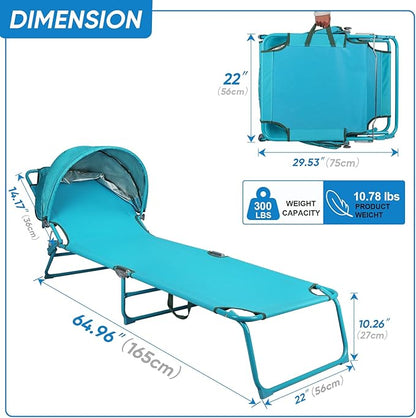 Northroad 2 Pack Outdoor Lounge Chair, Tanning Chair with Sunshade Roof, Adjustable Backrest Folding Chaise Lounge, Reclining Beach Bed for Beach, Camping, Hiking -Blue