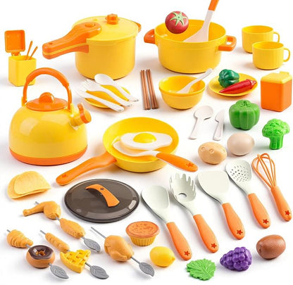 60Pcs Kids Mini Play Kitchen Accessories, Pretend Cooking Play Set with Cookware, Tableware & Fruit & BBQ Sets, Learning Gift for Boys, Girls, Toddlers,Yellow