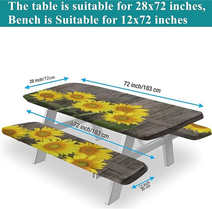 Sunflowers Picnic Bench Fitted Table Cover, Brown Yellow Helianthus Against Weathered Aged Fence Table Cloth, 28x72 Inch, 3 Piece Set, for Picnics Indoor and Outdoor Dining Decor
