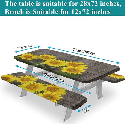 Sunflowers Picnic Bench Fitted Table Cover, Brown Yellow Helianthus Against Weathered Aged Fence Table Cloth, 28x72 Inch, 3 Piece Set, for Picnics Indoor and Outdoor Dining Decor