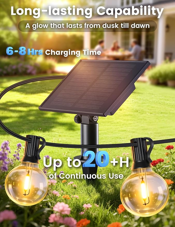 Brightever 50FT Solar String Lights Outdoor with Remote, 18+1 LED Shatterproof G40 Bulbs, 3 Lighting Modes & Timable, Waterproof Dimmable Solar Power Patio Lights for Camping, Backyard, Party