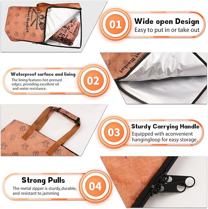 BBQ Blanket for Resting Meat, Reusable Reat Insulated Resting Bag, Smoker Meat Resting Blanket, Insulated Brisket Resting Blanket with Wide Mouth Perfect for Gifting, Dad Gift(21 in)