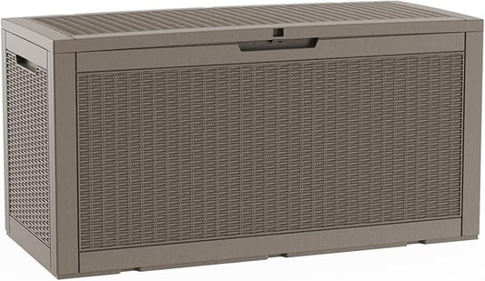 Pepe Tee Waterproof Resin Deck Box, Outdoor Storage Bin for Patio Furniture Cushions, All-Weather Garden Organizer & Seating Bench, Coffee
