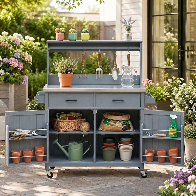 Outdoor Kitchen Island with Stainless Steel Top, 54.1 Inch | Solid fir wood frame, 201 stainless steel surface, high shelf, 10 hooks, side racks, lockable wheels, for BBQ, patio, garden